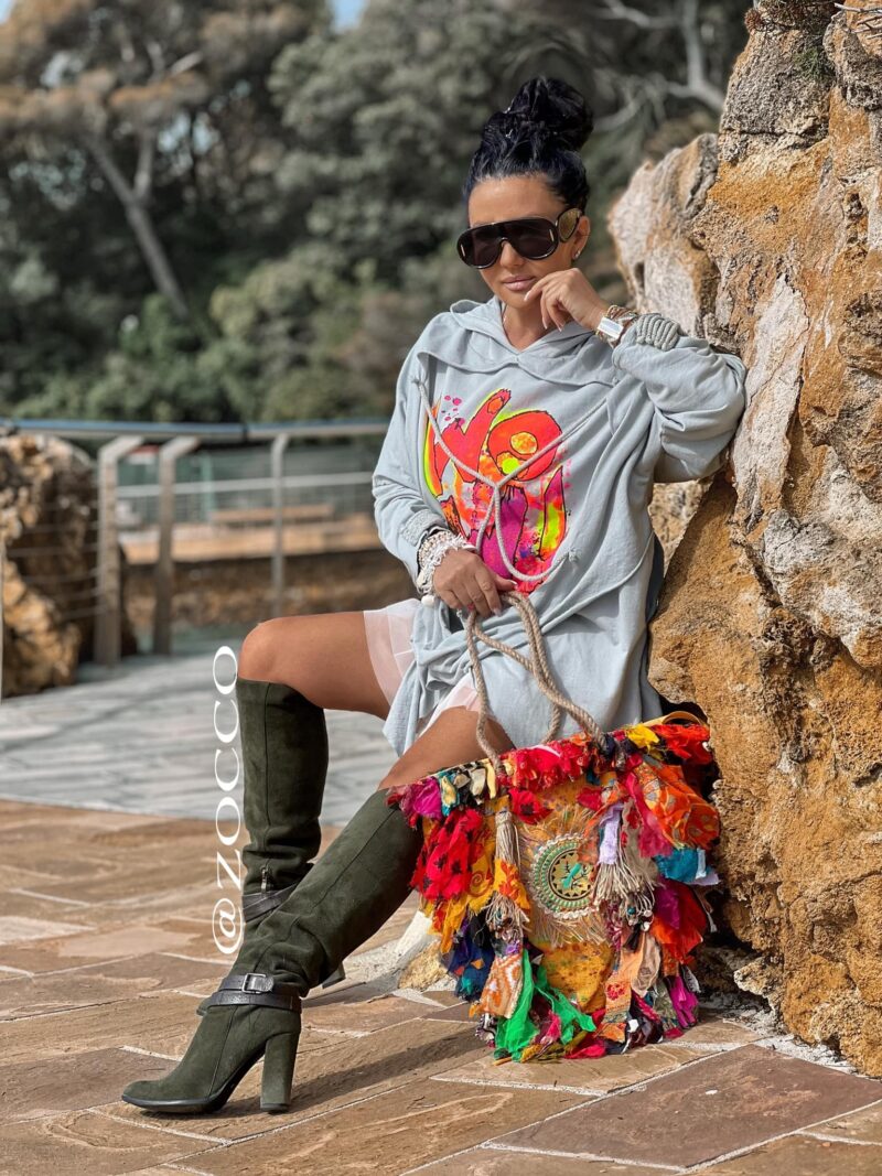 Asymetryczna tunika/bliźniak z nadrukami i ozdobnymi taśmami Zocco 2992/Z