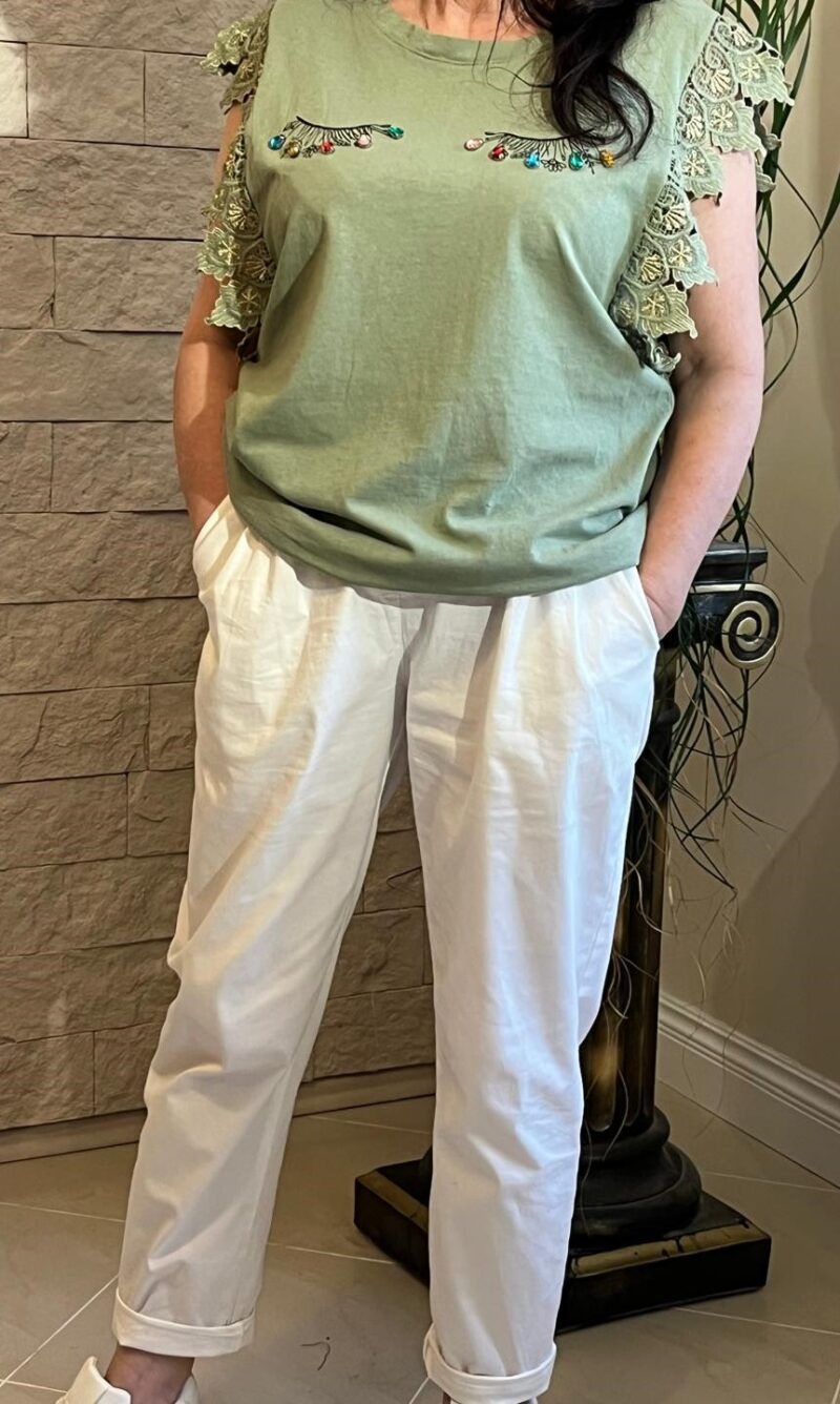 Bluzeczka z koronkowym rękawem zielona (moda włoska) 3957-MW