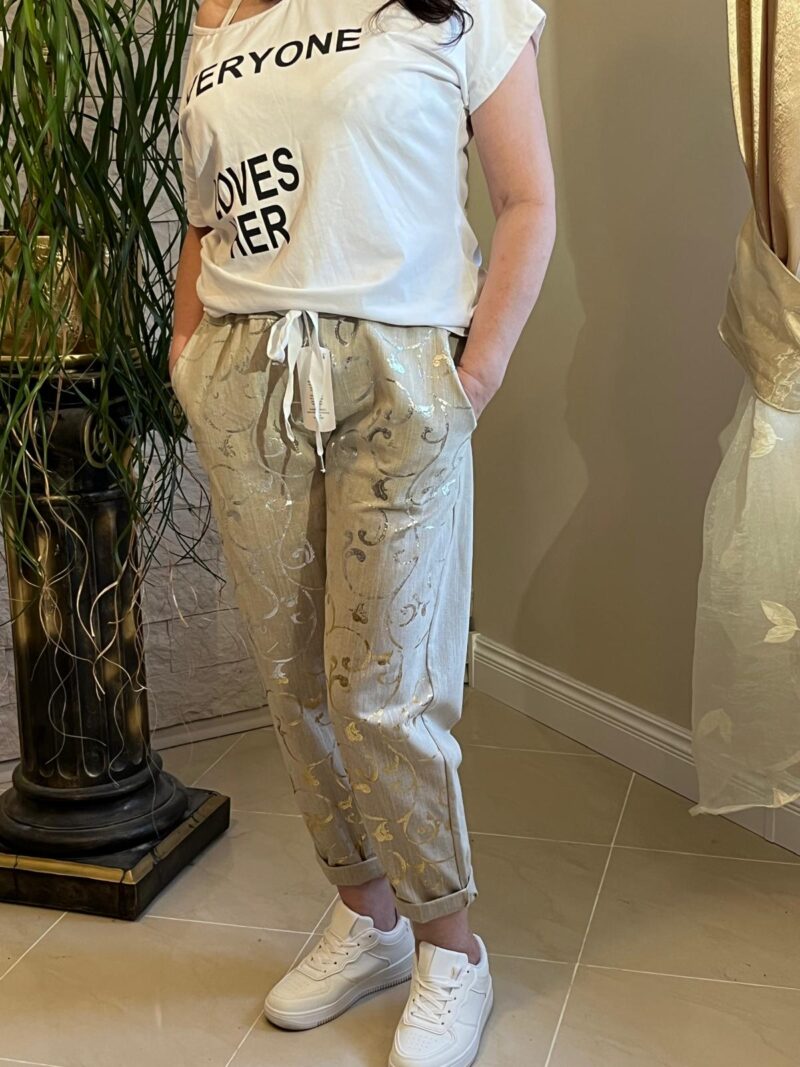 Spodnie lniane-złoto srebrne nadruki (moda włoska) 3964-MW